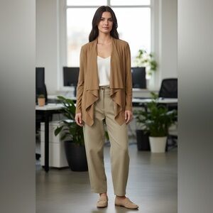 Zara Open Front Suede Draped Cardigan in Taupe